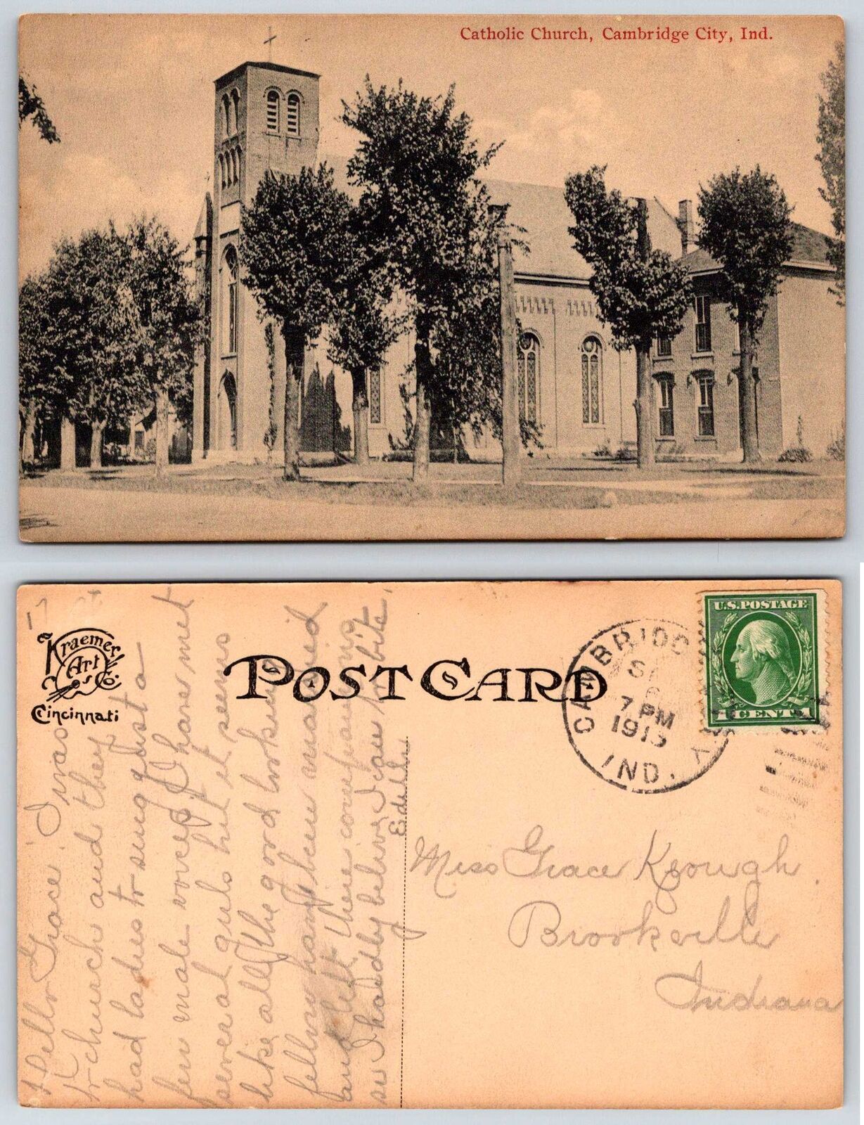 Cambridge City Indiana CATHOLIC CHURCH Postcard k149