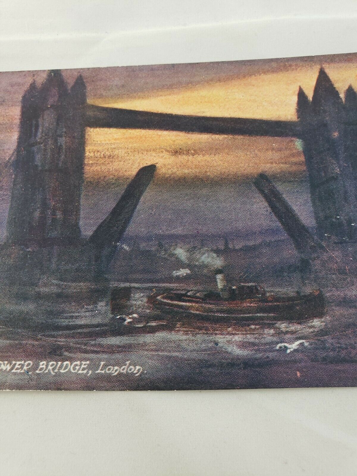 C 1910 Oilette Foggy London England Tower Bridge at Sunset Tucks Art Postcard