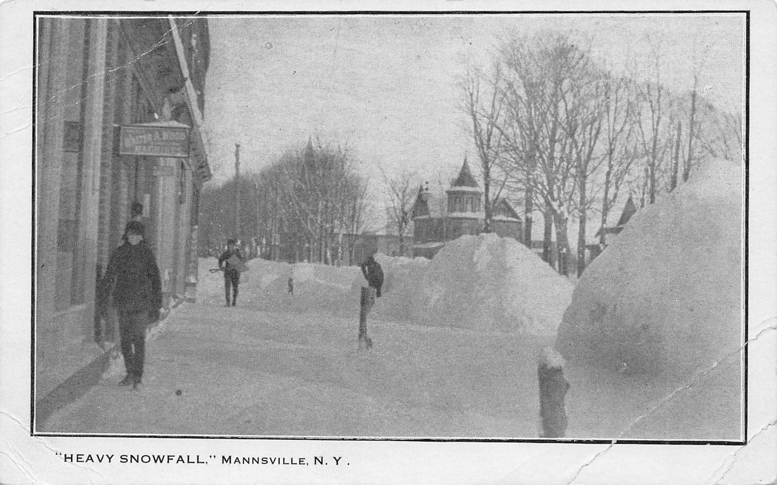 Mannsville New York~Snowbanks in Front Walter A Wood Machines~Shovel~1905 B&W PC