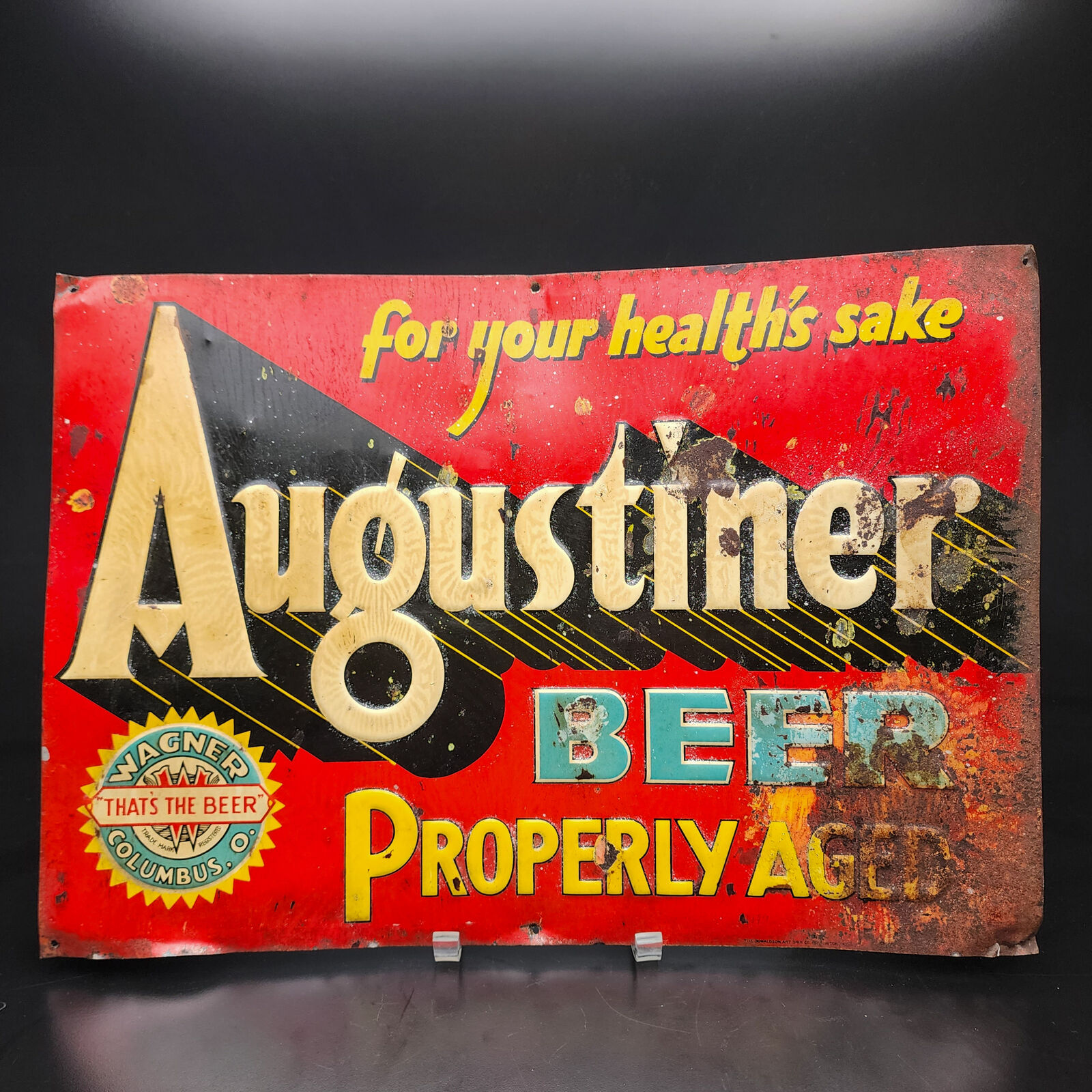 Antique Augustiner Beer Tin Sign 20x14 - \'For Your Health\'s Sake\' Properly Aged
