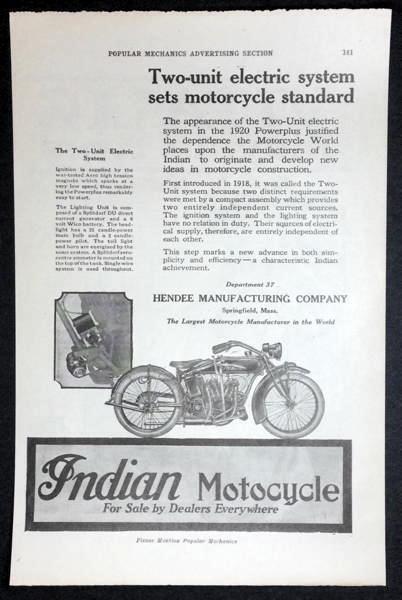 1920 Indian Powerplus Motorcycle AD *Two-Unit Electric System* Hendee