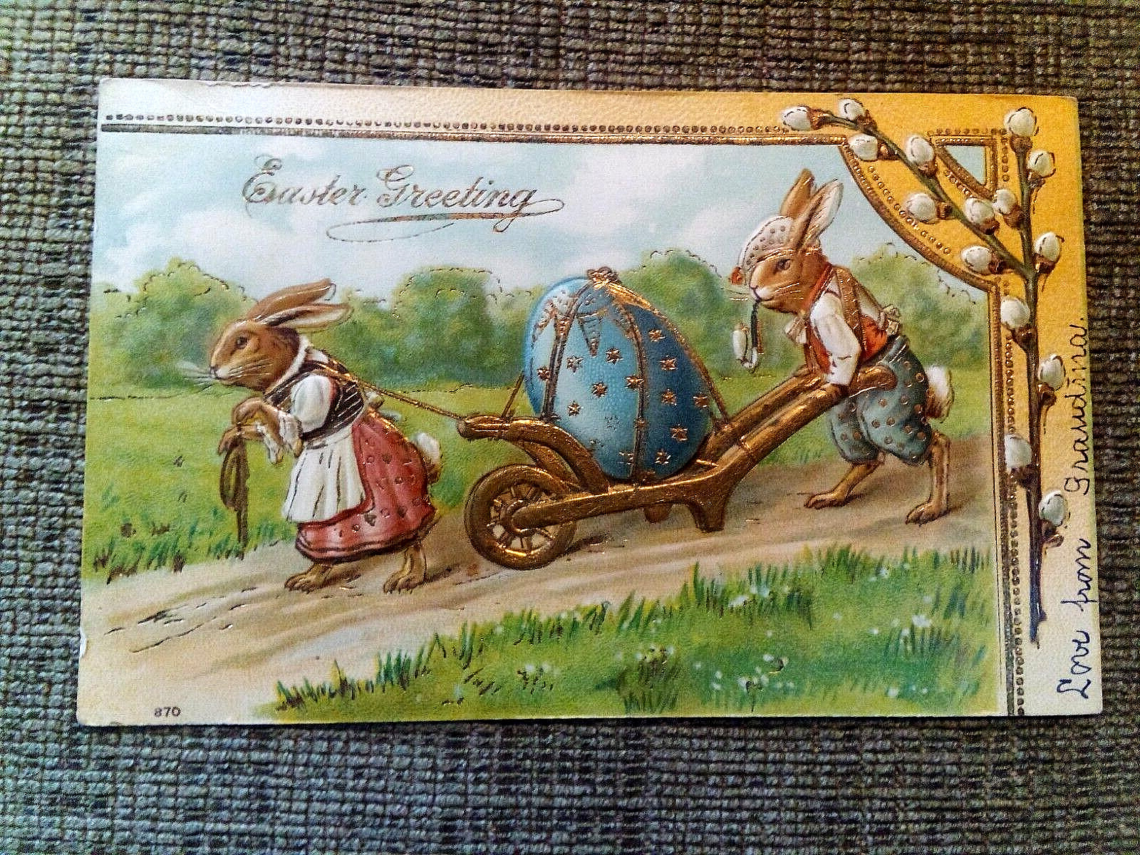 Easter Greeting Embossed Postcard Gold Details Rabbits Egg Wheelbarrow