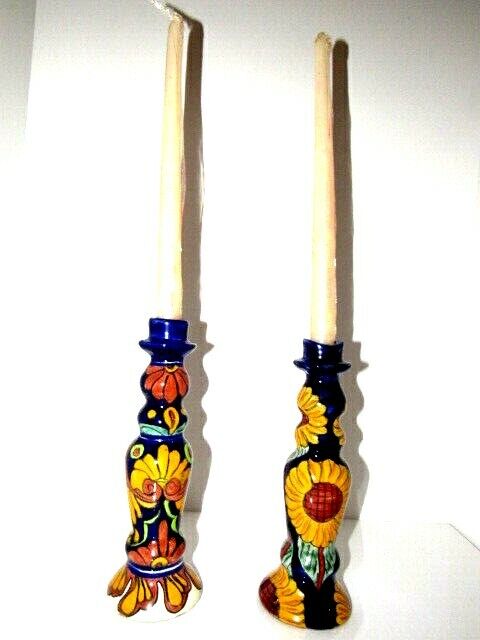 Ceramic Candle Holders Collectible Decorative Hand Painted Folk Art - PAIR