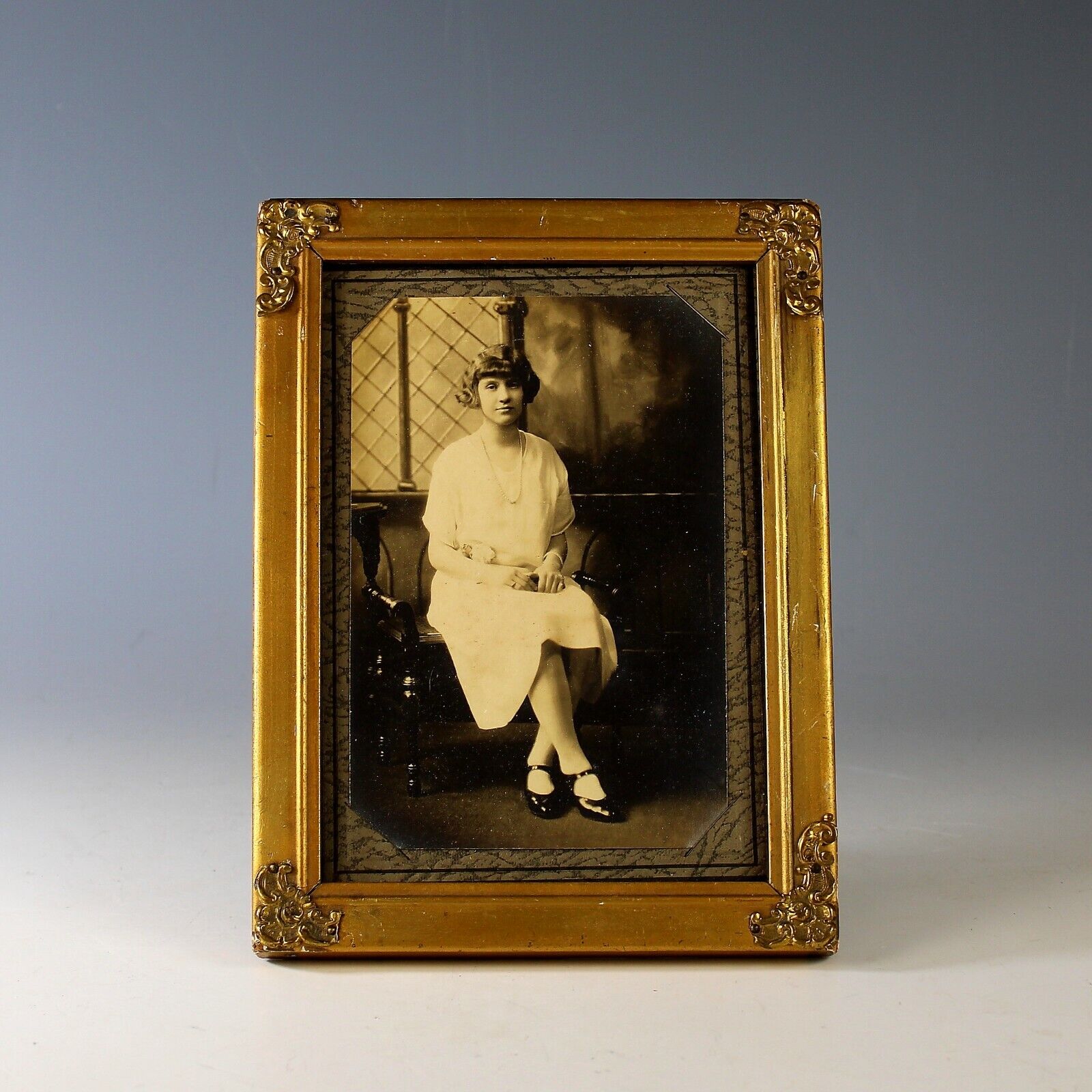 Vintage Gilded Wood Photo Frame with Easel and Photo