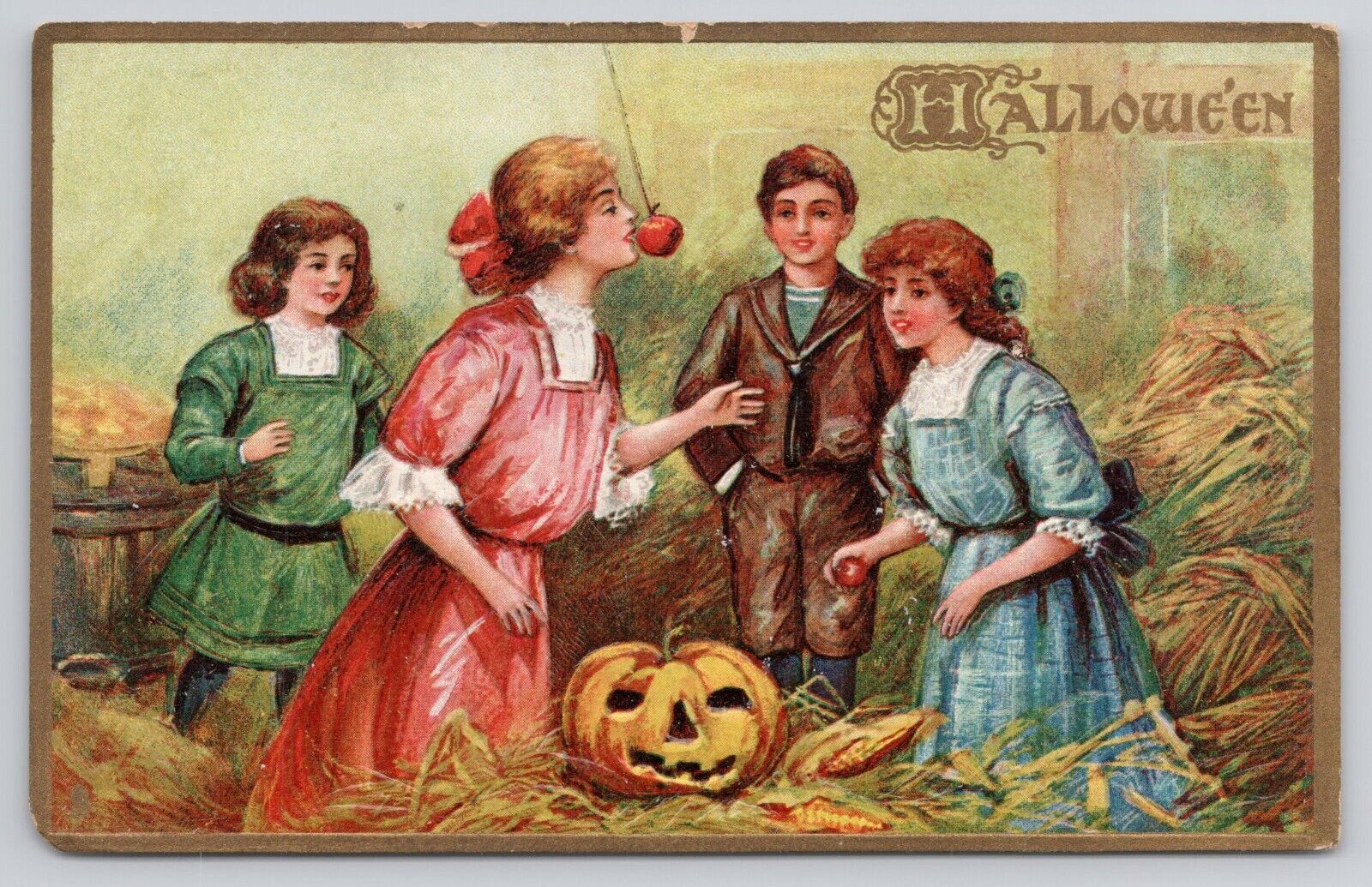 Halloween Tucks 183 Children Around Hanging Apple Embossed Rare Antique Postcard
