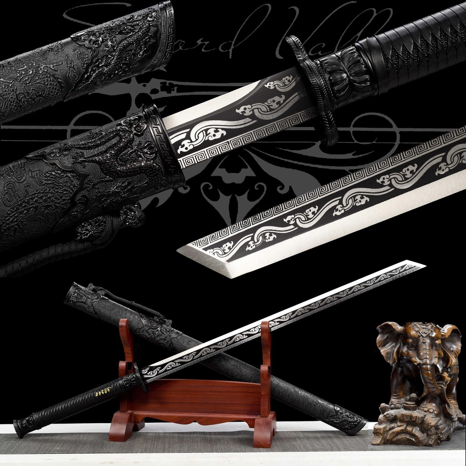 Handmade Katana/High Manganese Steel/Black/Collectible Sword/Battle Ready