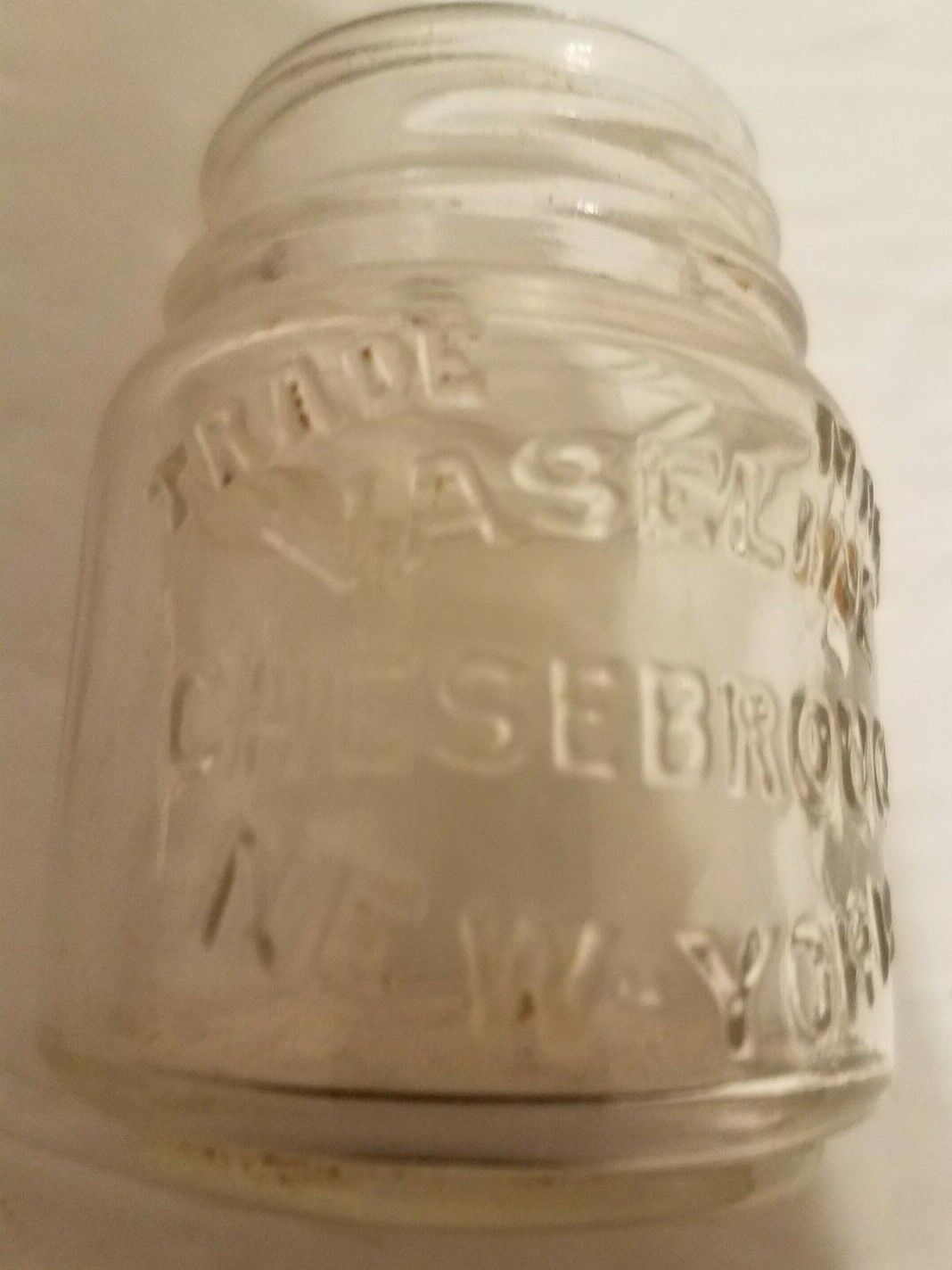 Vintage Petroleum Glass Embossed Vaseline Jar Trade Mark Chesebrough New York