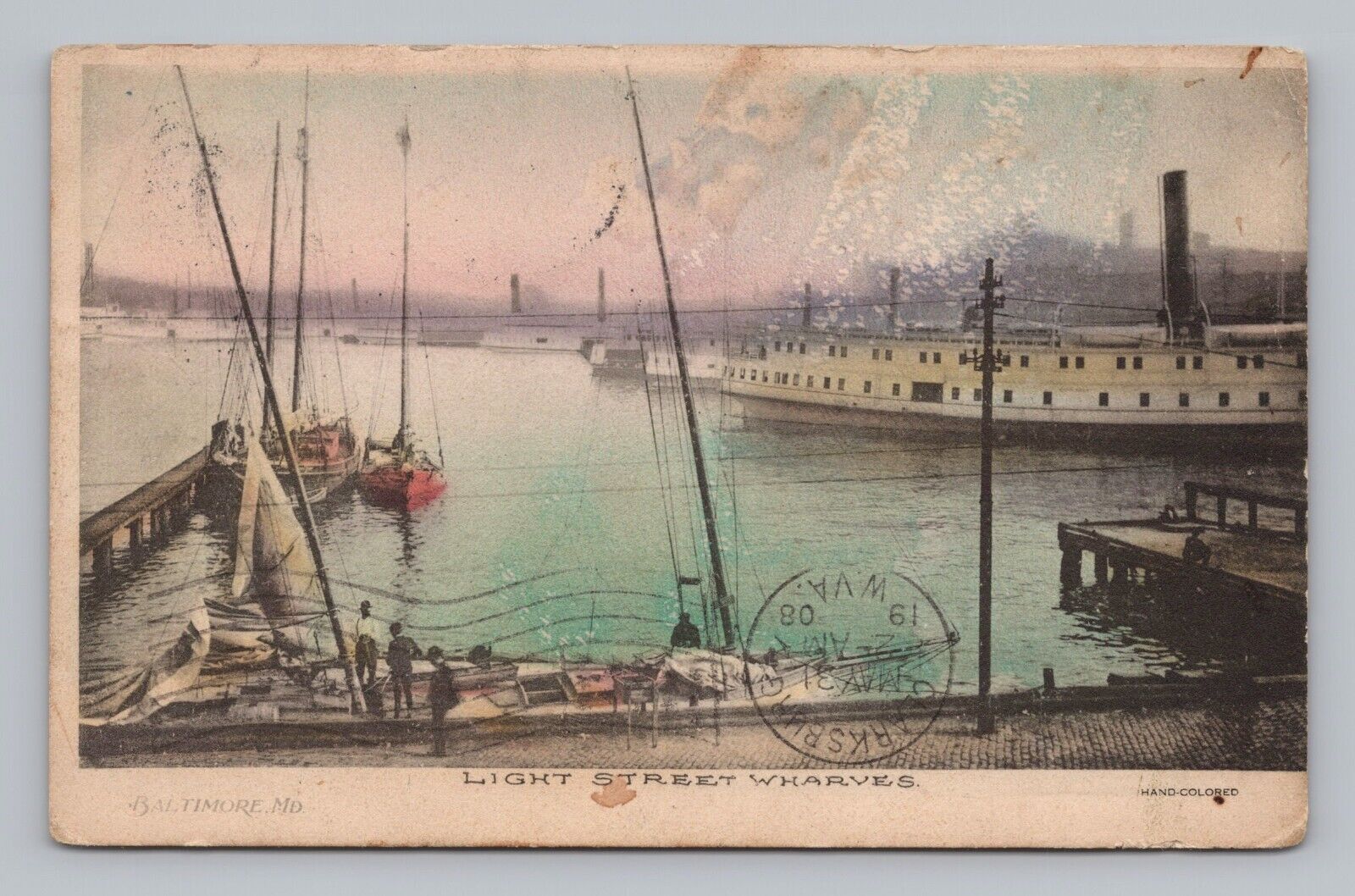 Postcard Light Street Wharves Baltimore Maryland c1908 Hand Colored
