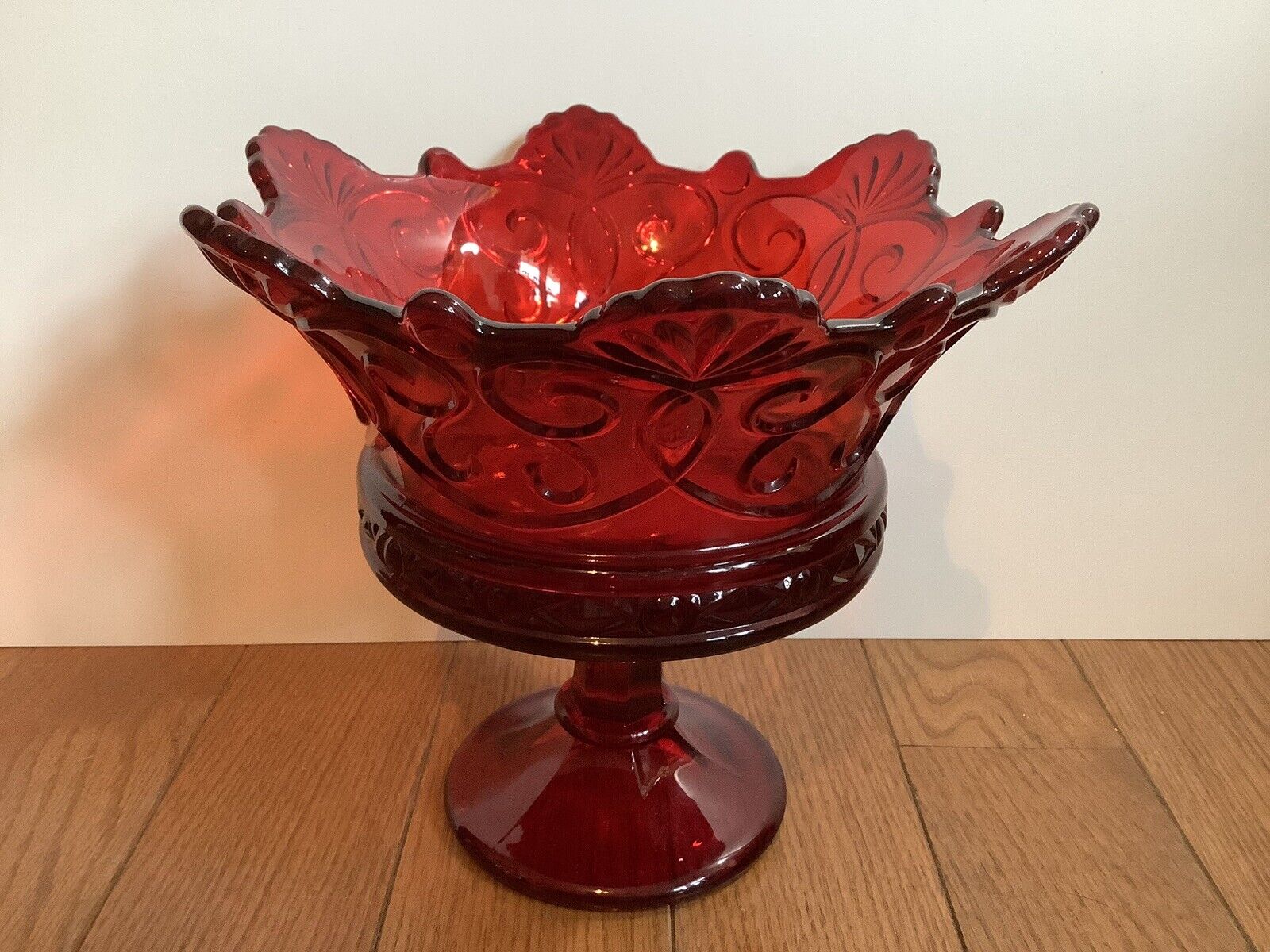 Vintage Fostoria Glass Navarre Crown Line Ruby Red Compote 8x9”
