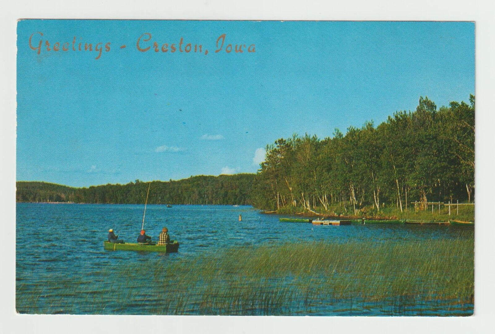 Greeting Creston Iowa Chrome Postcard Boat on Lake