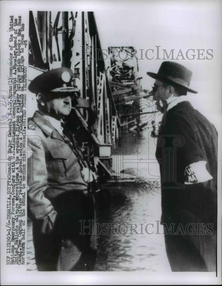 1957 Press Photo Major General E.L.M. Burns at Wrecked Eirdan Railway Bridge