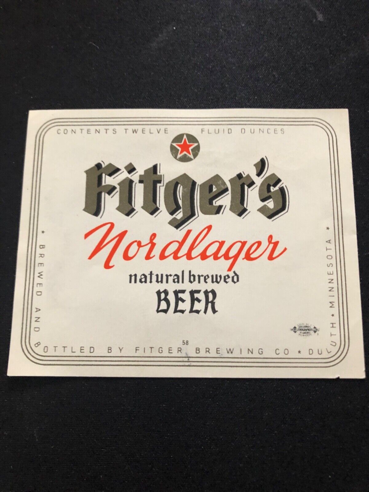 1930-40’s Fitgers Nordlager Label -12 oz -Duluth Beer-Minnesota-New