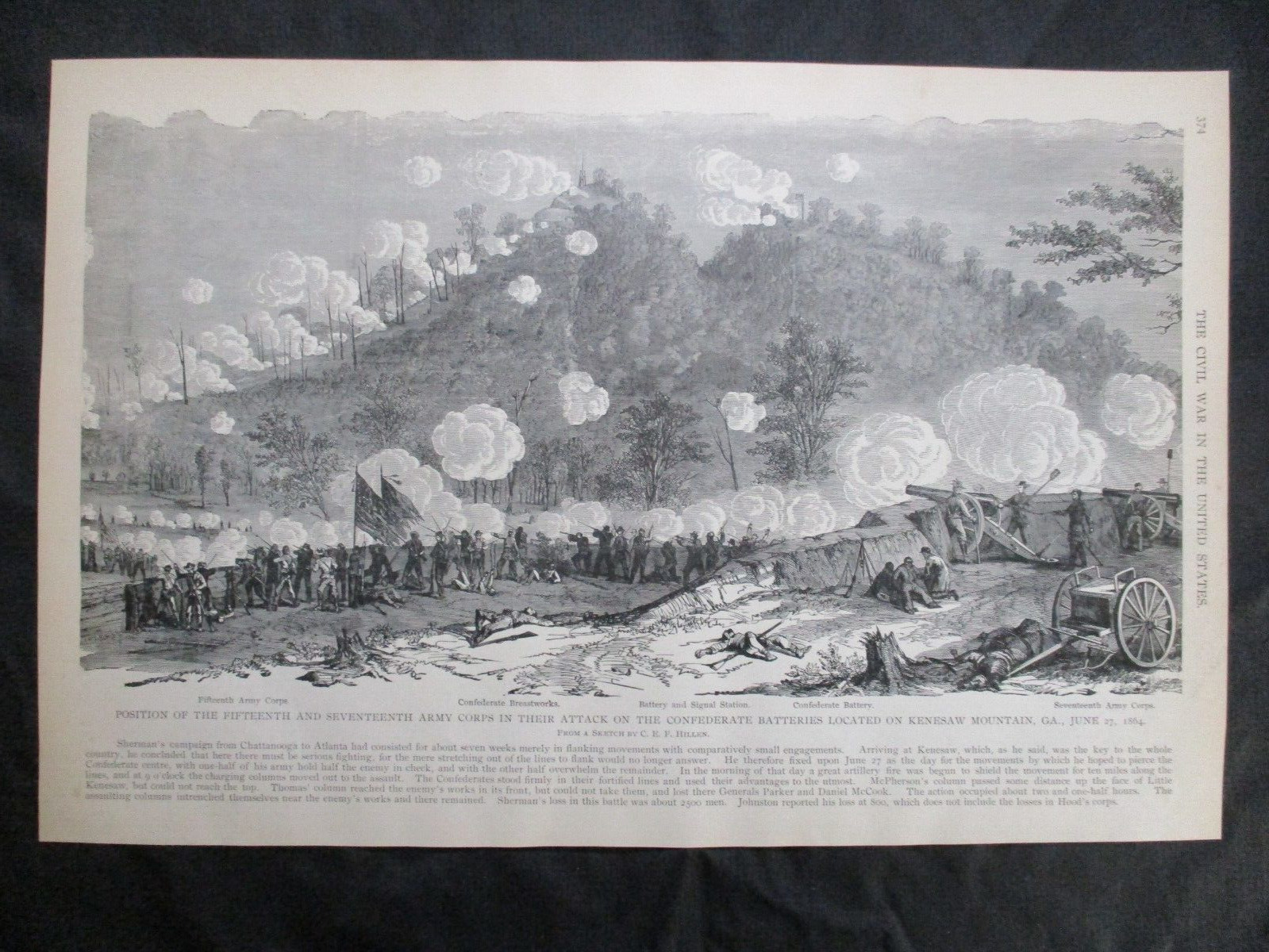 1884 Civil War Print - Sherman Attacks Kennesaw Mountain, Georgia June 27, 1864