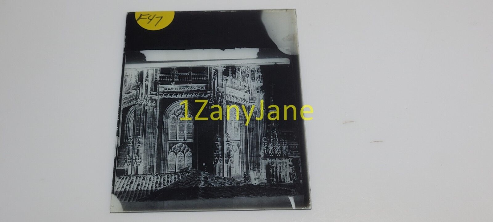 F47 GLASS Slide or Negative GRAND ARCHED ENTRANCE OF STONE BUILDING STAIN GLASS