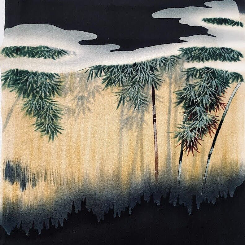 Bamboo Forest #B 14x61 LONG Vintage Tomesode Black Silk Kimono Fabric ToF6