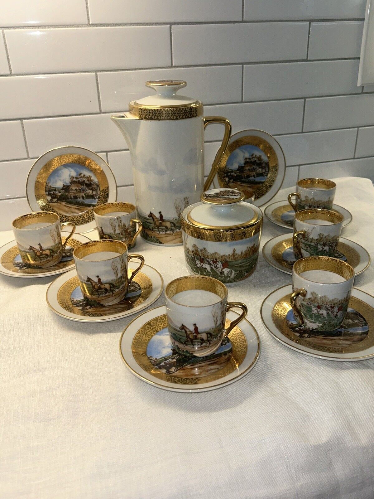 Vintage C.P. Limoges Porcelain Tea/coffee Set For 8 Hand Painted Hunting Scene