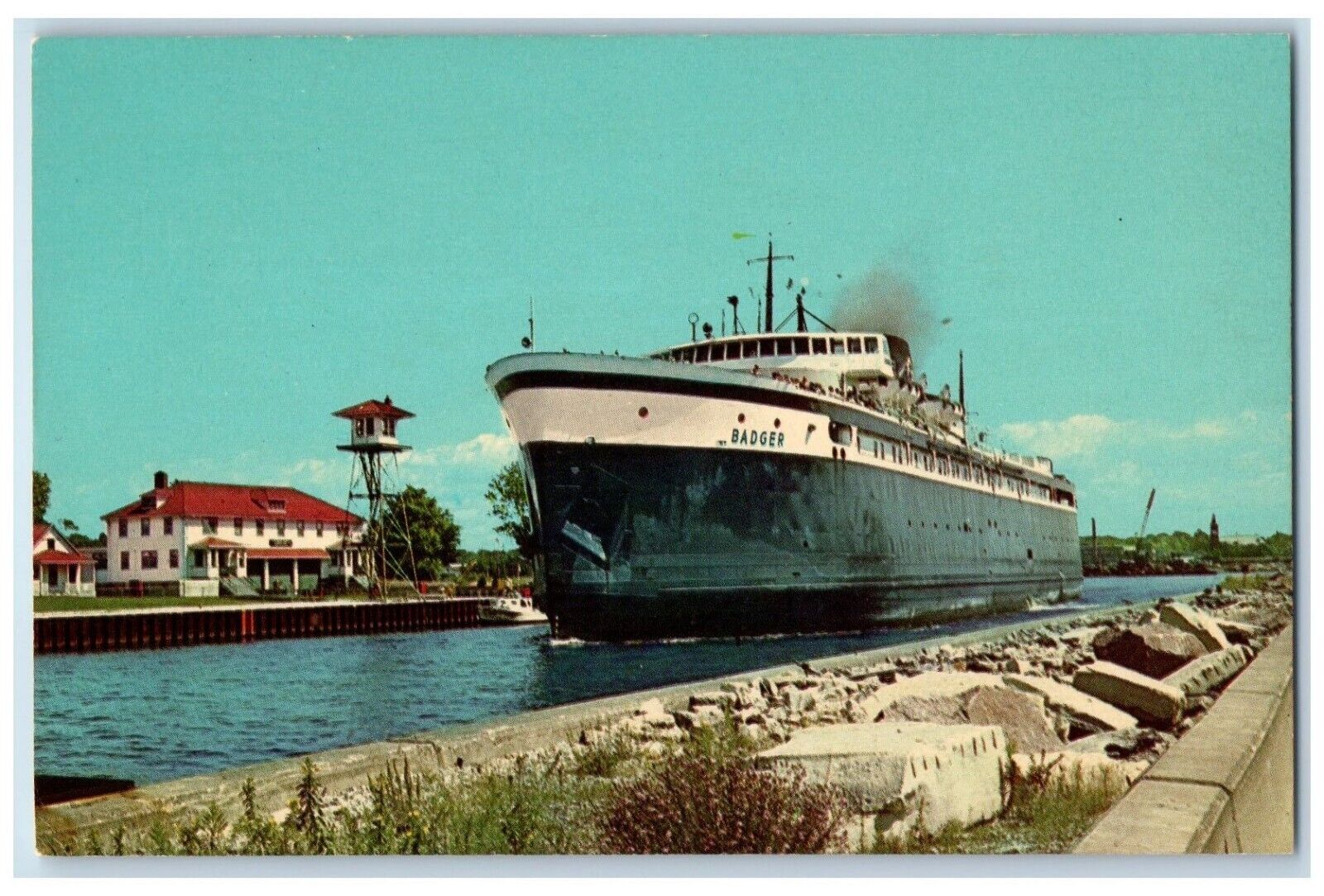 c1960 Car Ferry Leaving Harbor Steamer Cruise Dock Ludington Michigan Postcard
