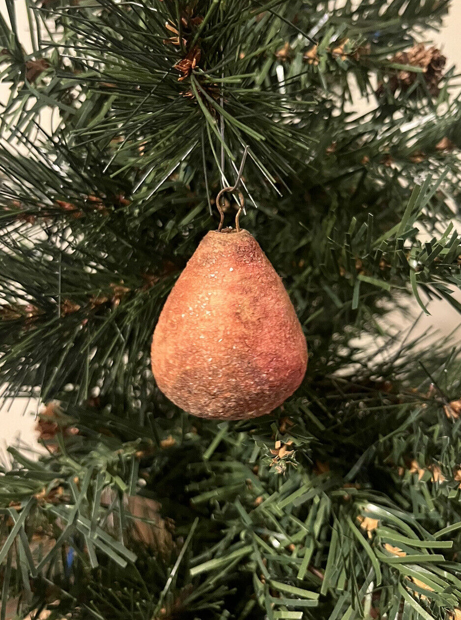 Antique German Spun Cotton Sugar Coated Pear Christmas Fruit Ornament