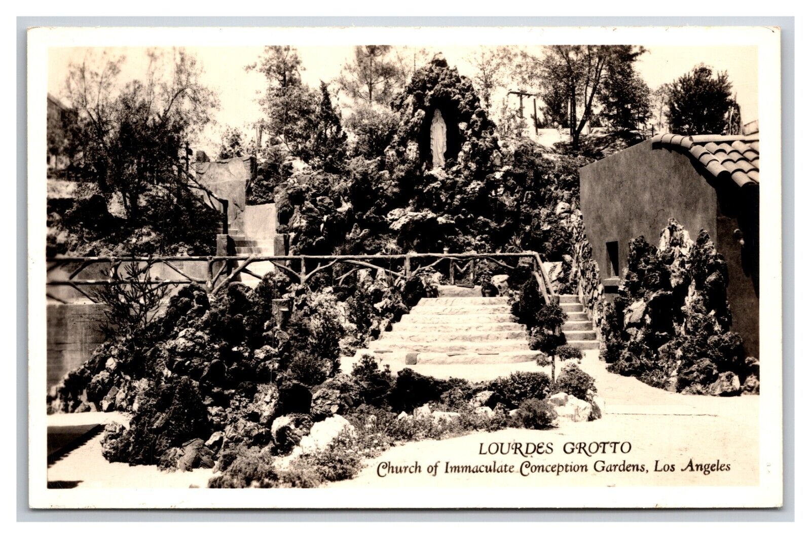 RPPC Lourdes Grotto Church of Immaculate Conception Los Angeles CA Postcard Z9