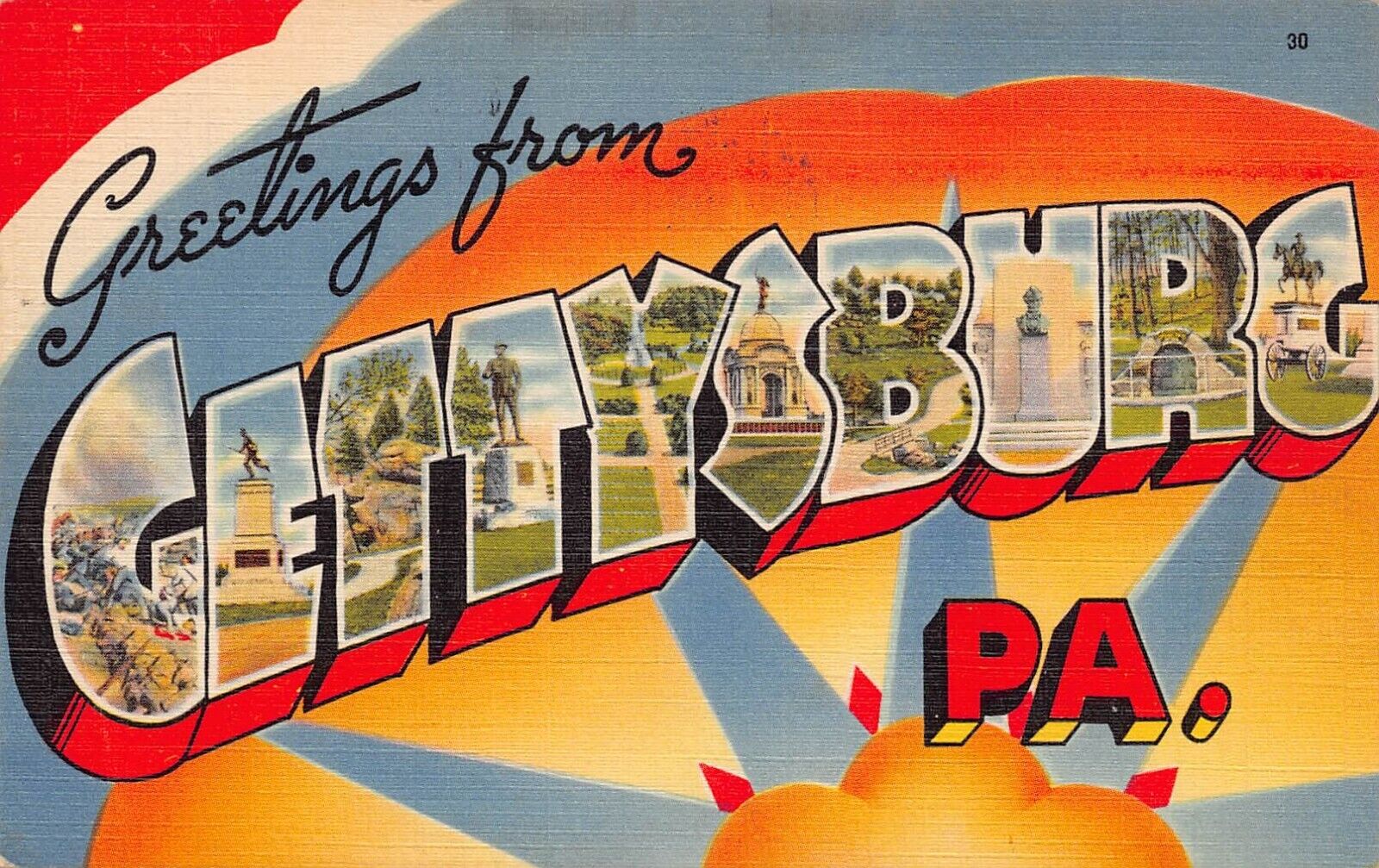 1949 Gettysburg Pennsylvania PA Greetings From Large Letter Linen 73072 Postcard
