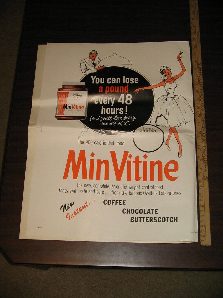 OVALTINE 1960s MinVitine diet store display poster PROOF coffee hot chocolate #2