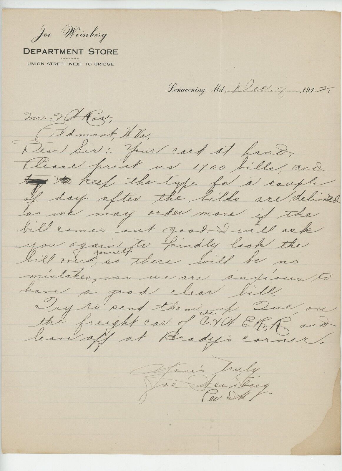 Rare 1912 Joe Weinberg Department Store Letter, Lonaconing MD