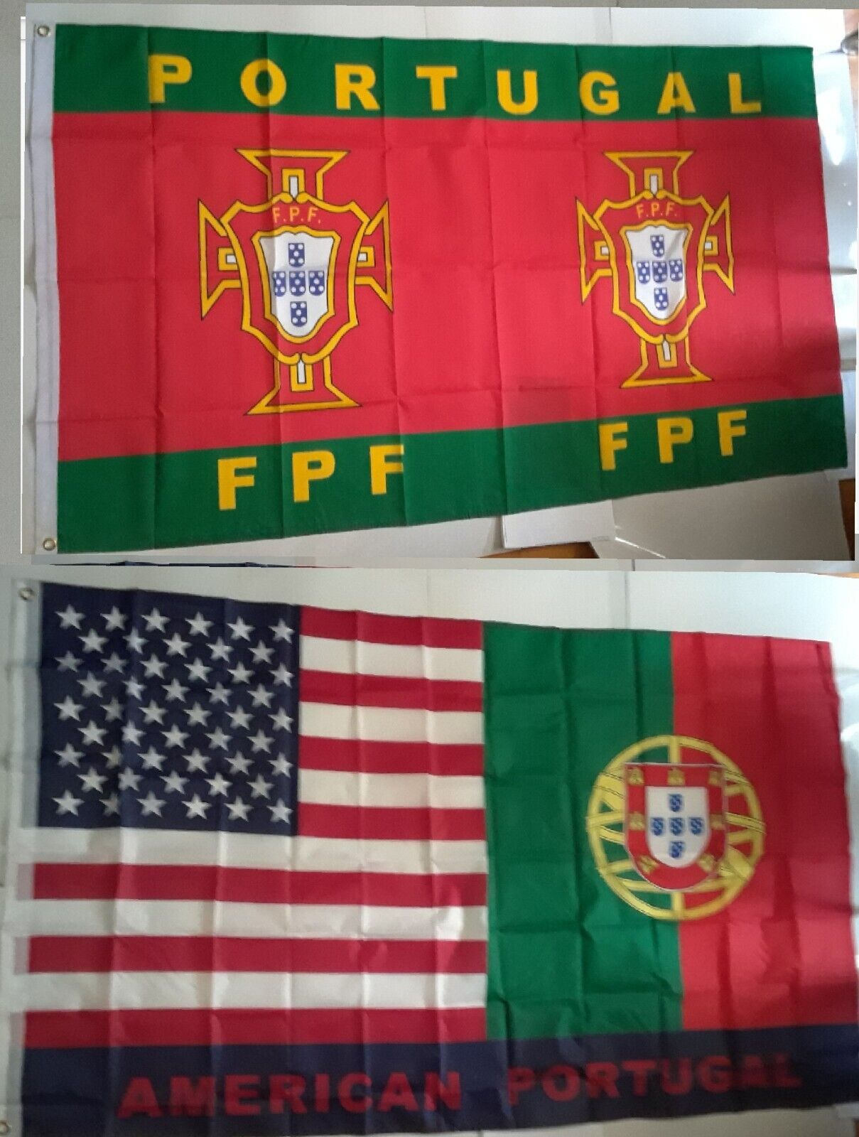 2 FLAGS: (1)PORTUGAL SOCCER FEDERATION  + (1)PORTUGAL-AMERICAN FLAG (3X5 FT) $30