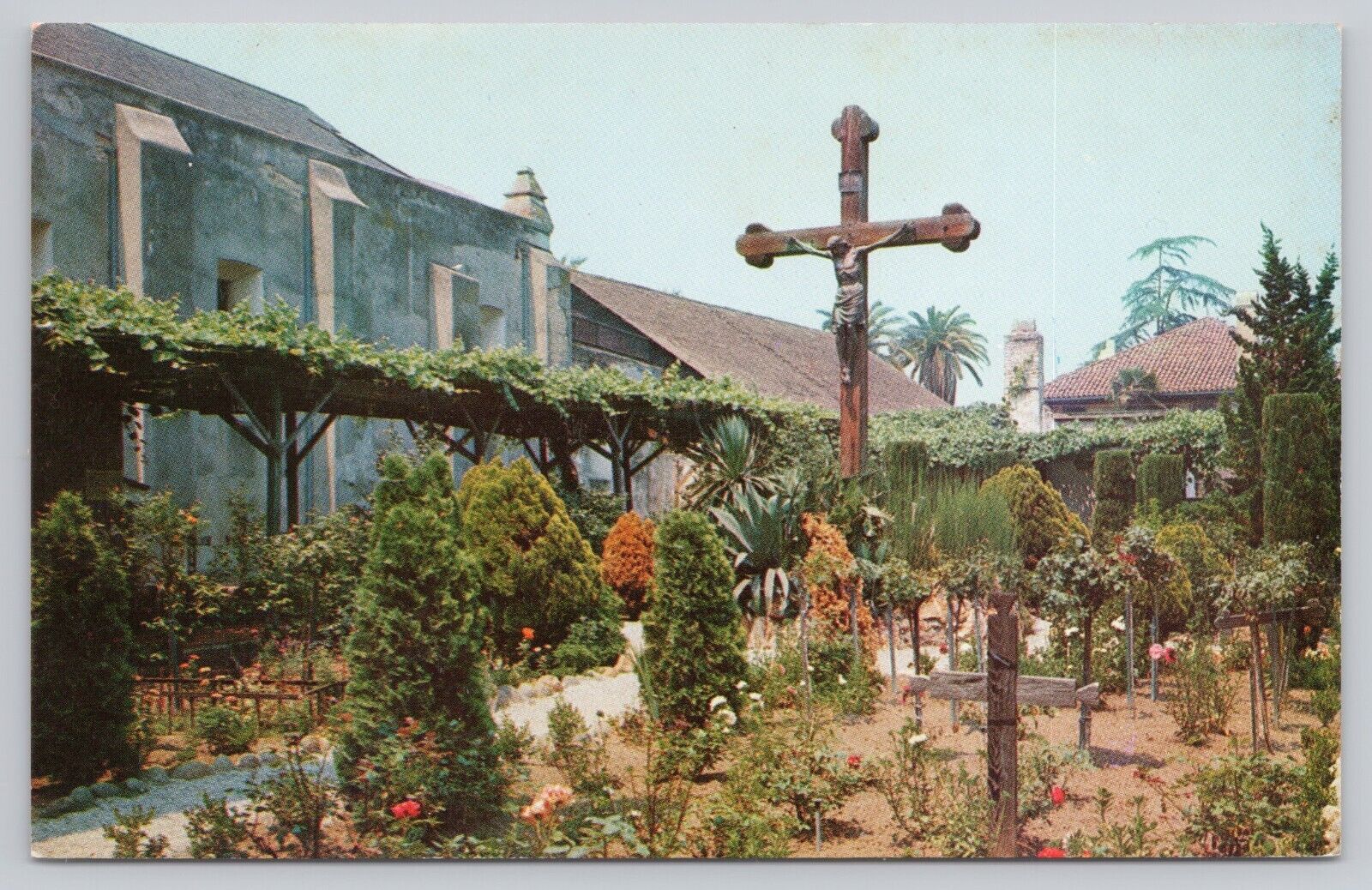 San Gabriel California, Mission Garden Large Wooden Cross, Vintage Postcard