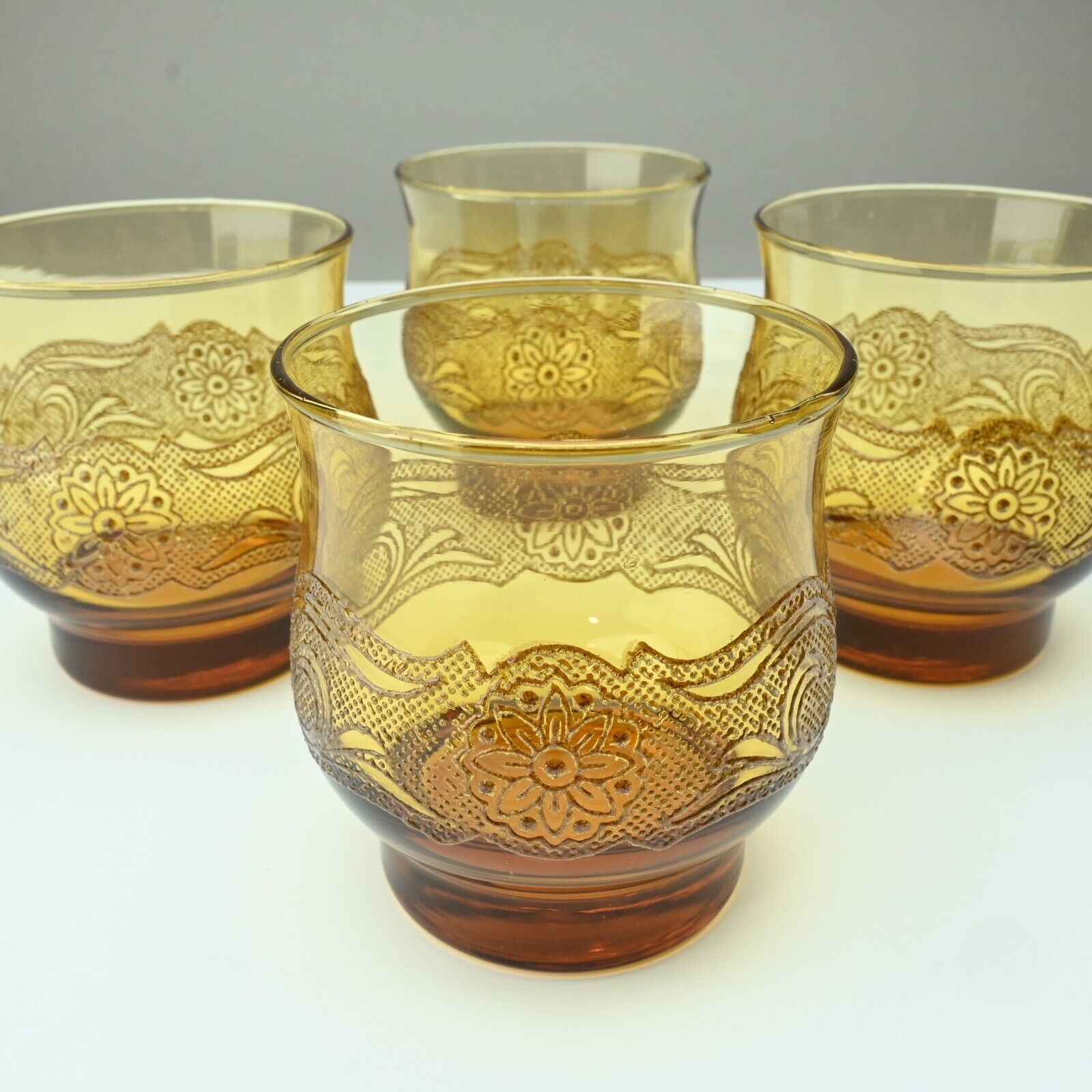 4 x Libbey Americana Juice Rocks Glasses Amber Embossed Vintage 3.5\