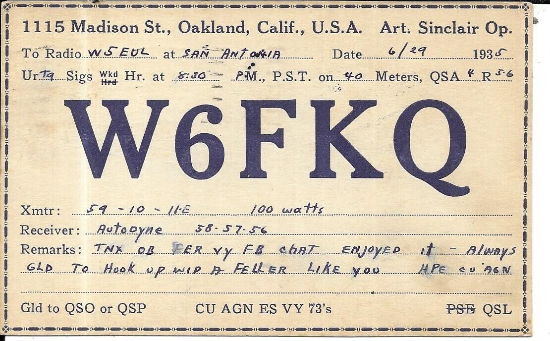 QSL 1935 Oakland CA   radio card