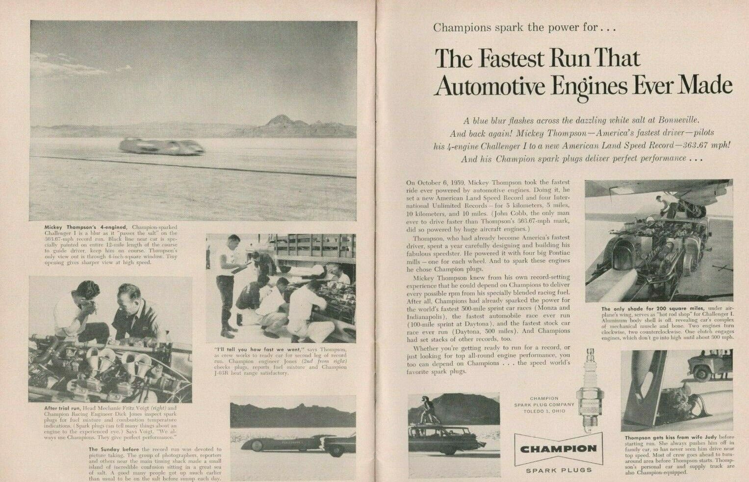 1960 Mickey Thompson Fastest Land Speed Champion Spark Plug - 2-Page Vintage Ad
