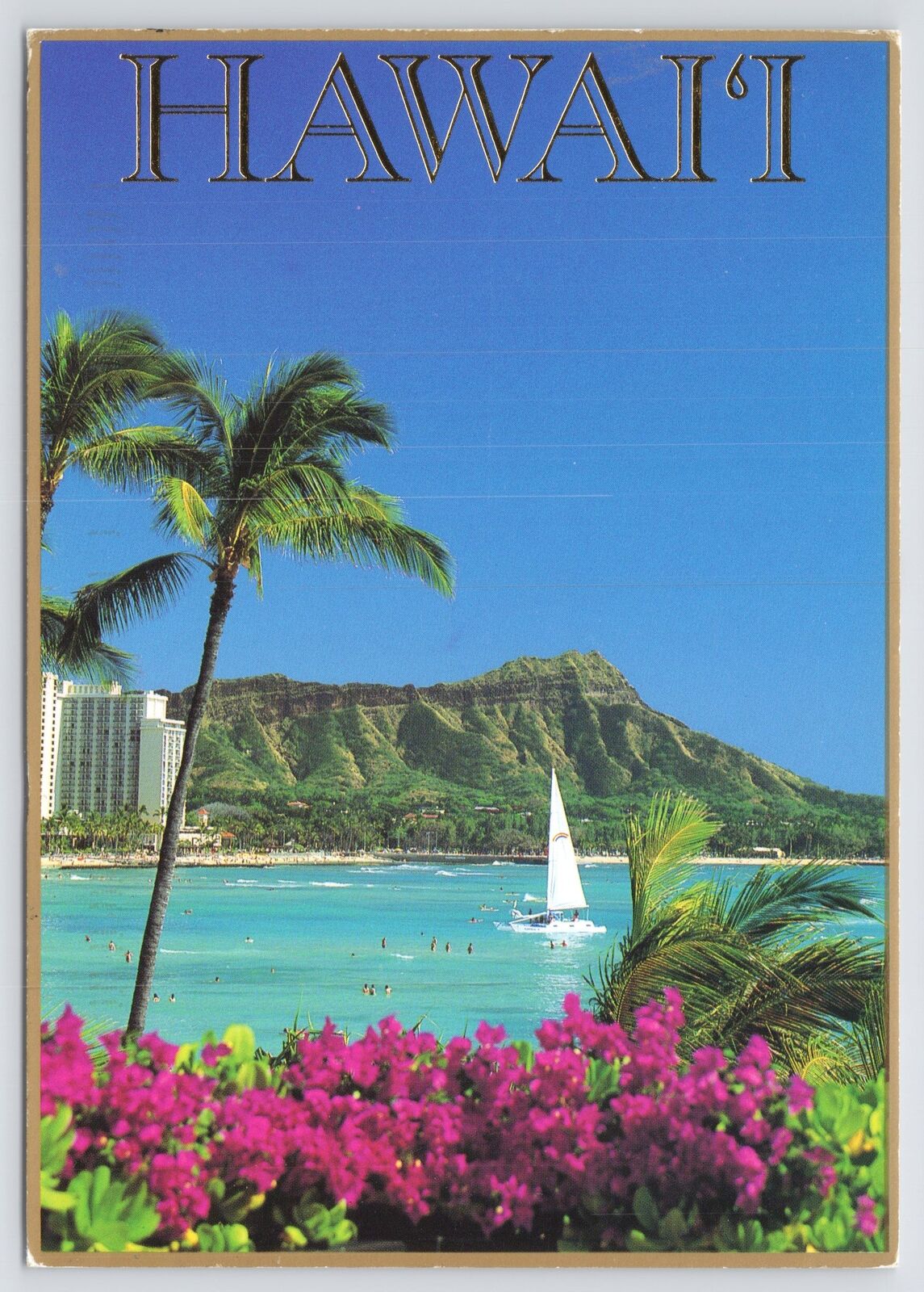 Honolulu Hawaii~Sailboat @ Diamond Head @ Bougainvillea~Continental Postcard