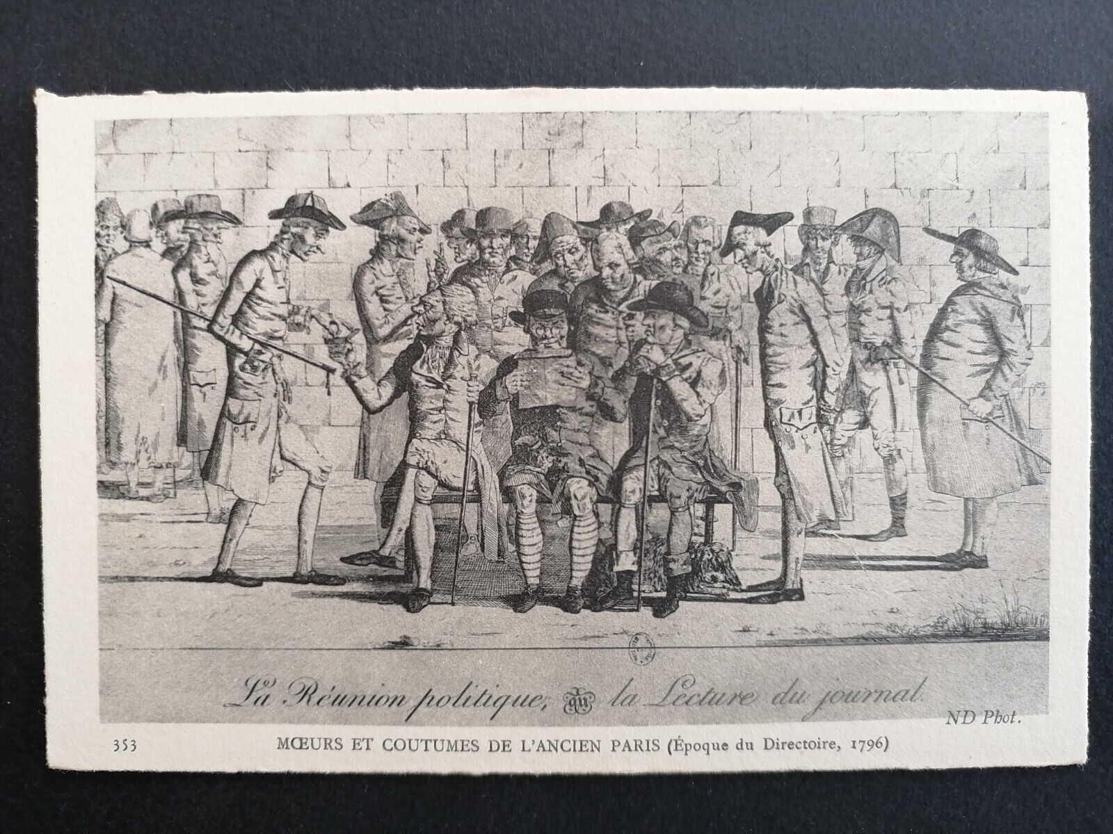 cpa engraving Eau Forte PARIS in 1796 Political meeting La READING du NEWSPAPER