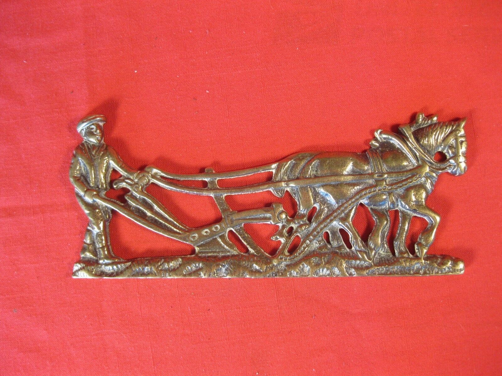 SOLID BRASS WALL HANGING FARMER WITH HORSE AND PLOW 8 INCHES WIDE