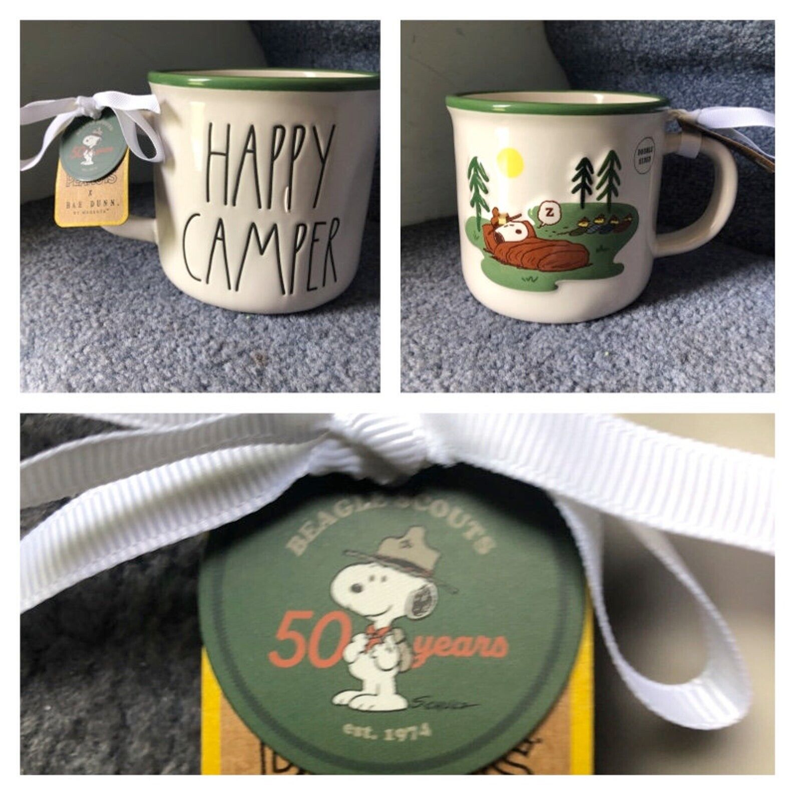 NWT Rae Dunn Snoopy Beagle Scouts 50th Anniversary HAPPY CAMPER 2 Sided Mug