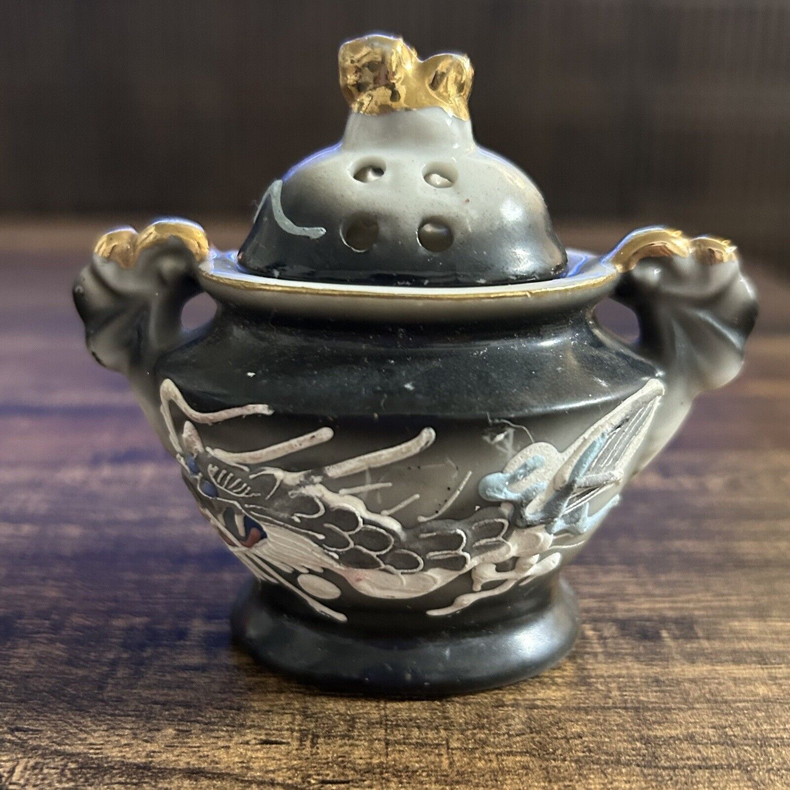 Vintage Dragonware Moriage Miniature Sugar Bowl With Lid Hand Painted Japan