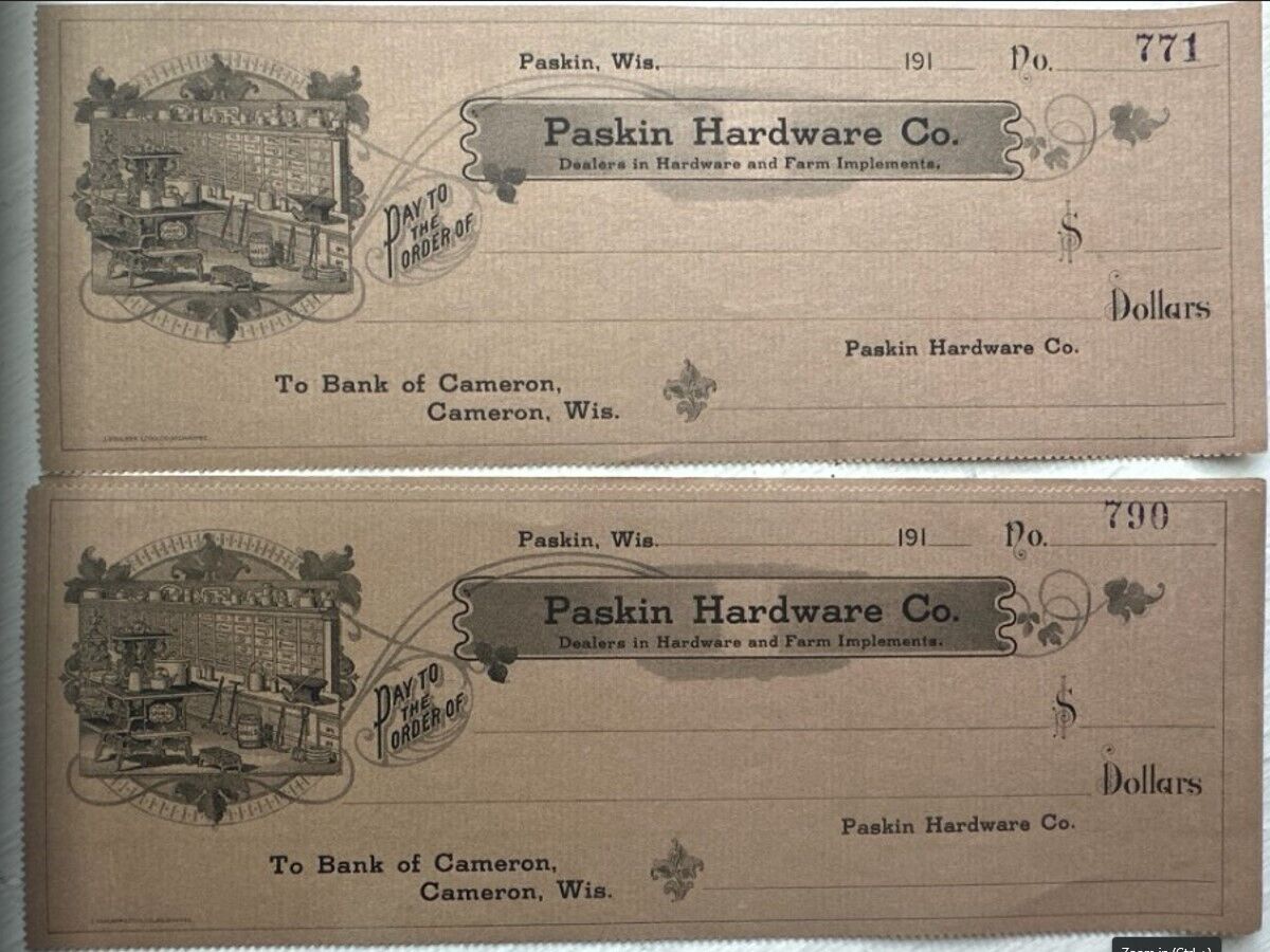 1910 2 Blank checks Paskin Hardware Paskin Wisconsin Cameron, WI Farm Implement