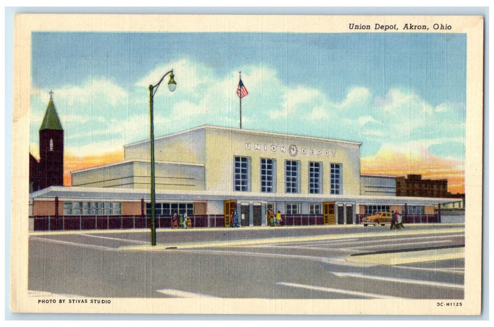 c1940's Union Depot Building Akron Ohio OH US Flag Vintage Posted Postcard