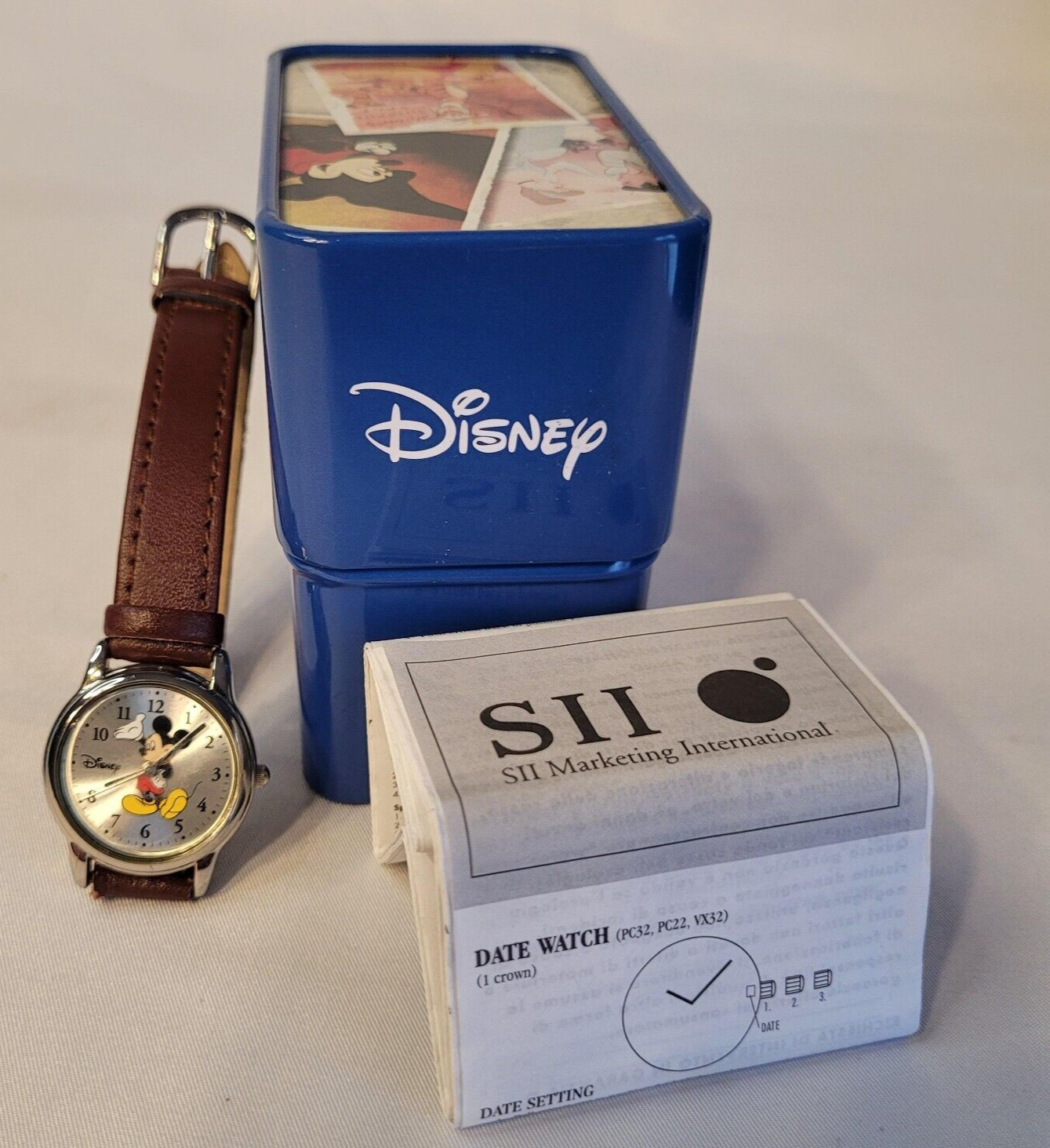 NOB Disney Classic Mickey Mouse Watch Genuine Leather Strap Blue Tin Container