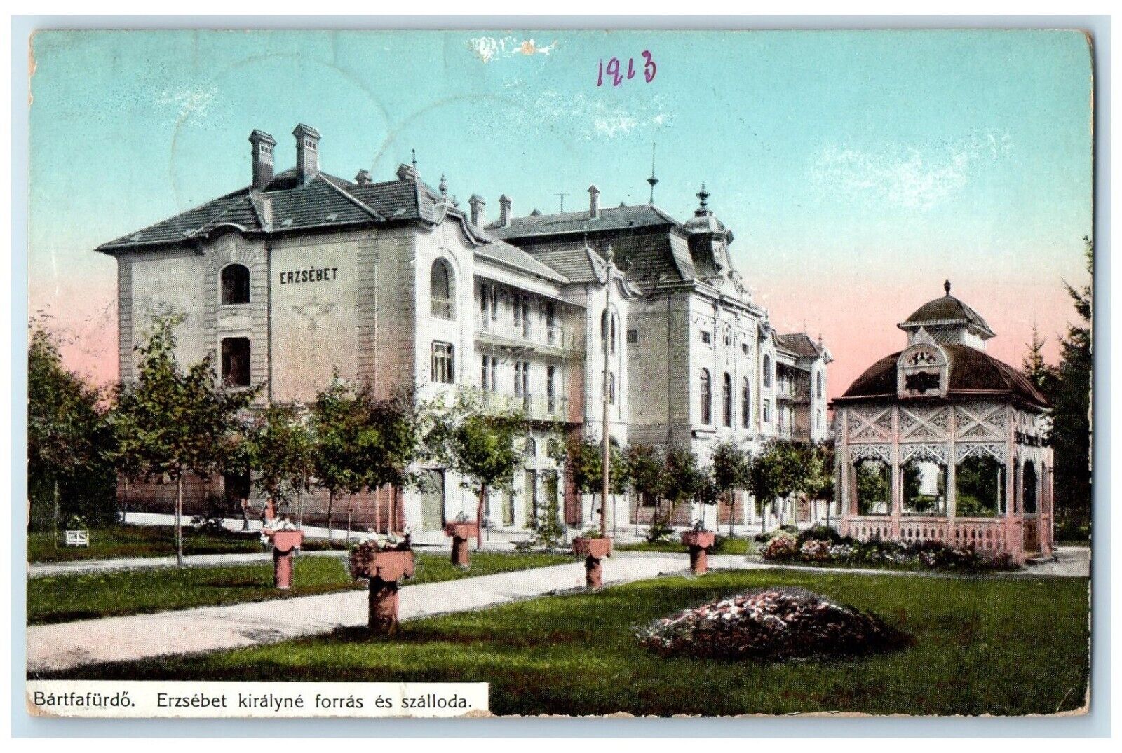 1913 Queen Elizabeth Source And Hotel Bartfafurdo Slovakia Antique Postcard