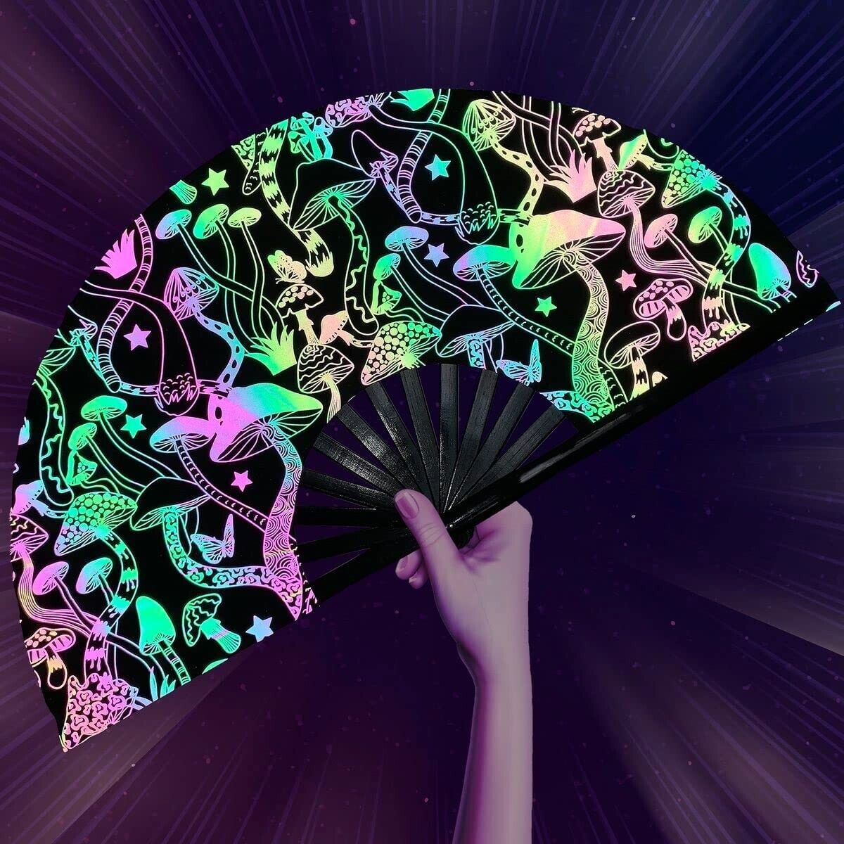 ✨ Mushroom UV ✨FLASH Black Reflective Fabric Hand Folding Fan Rave Loud Clacking