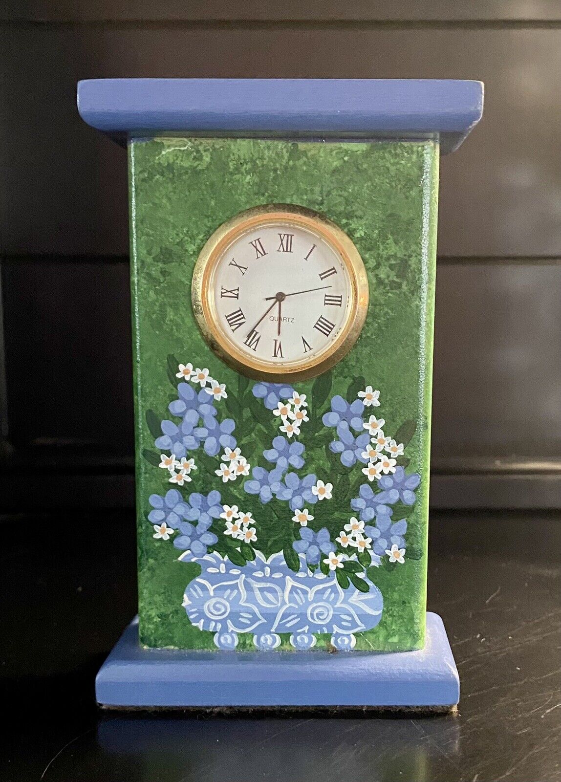 Vintage KSN & Co. Hand Painted Wood Floral Clock, 1995.