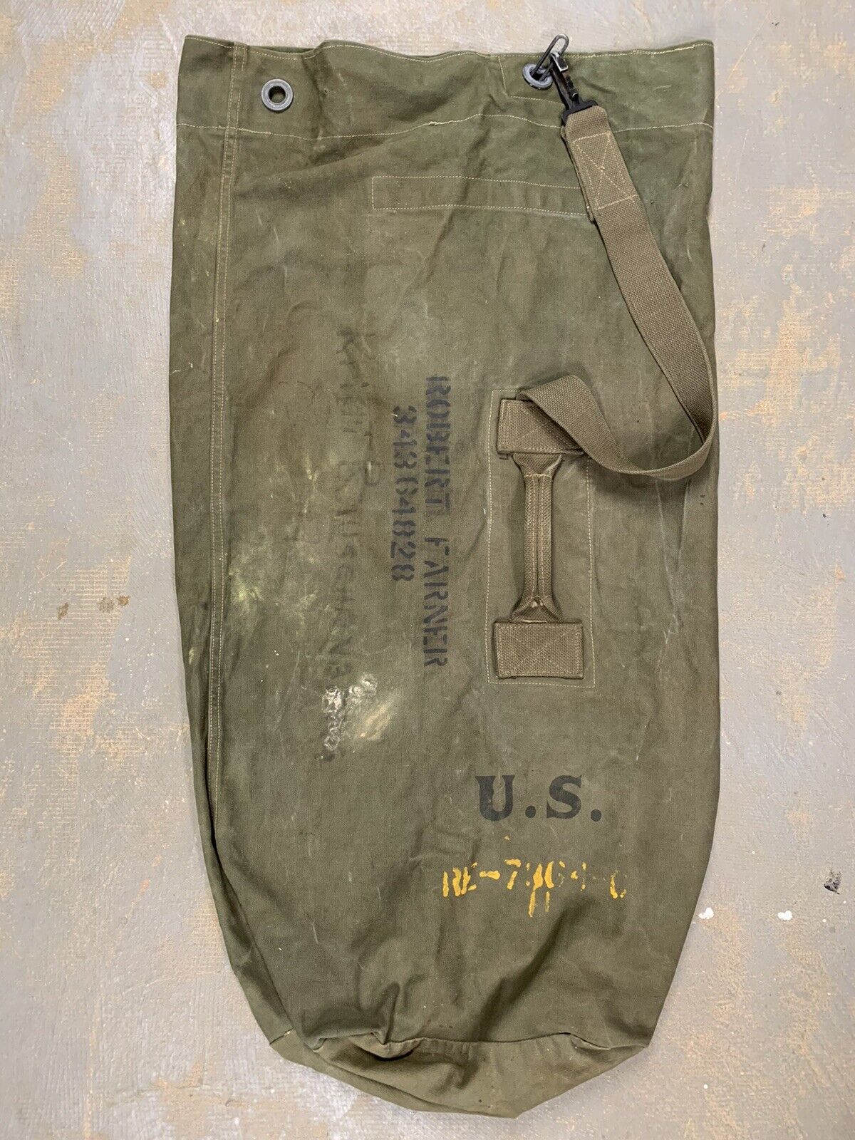 1944 Named Original WWII U.S. ARMY OD BARRACK DUFFLE BAG