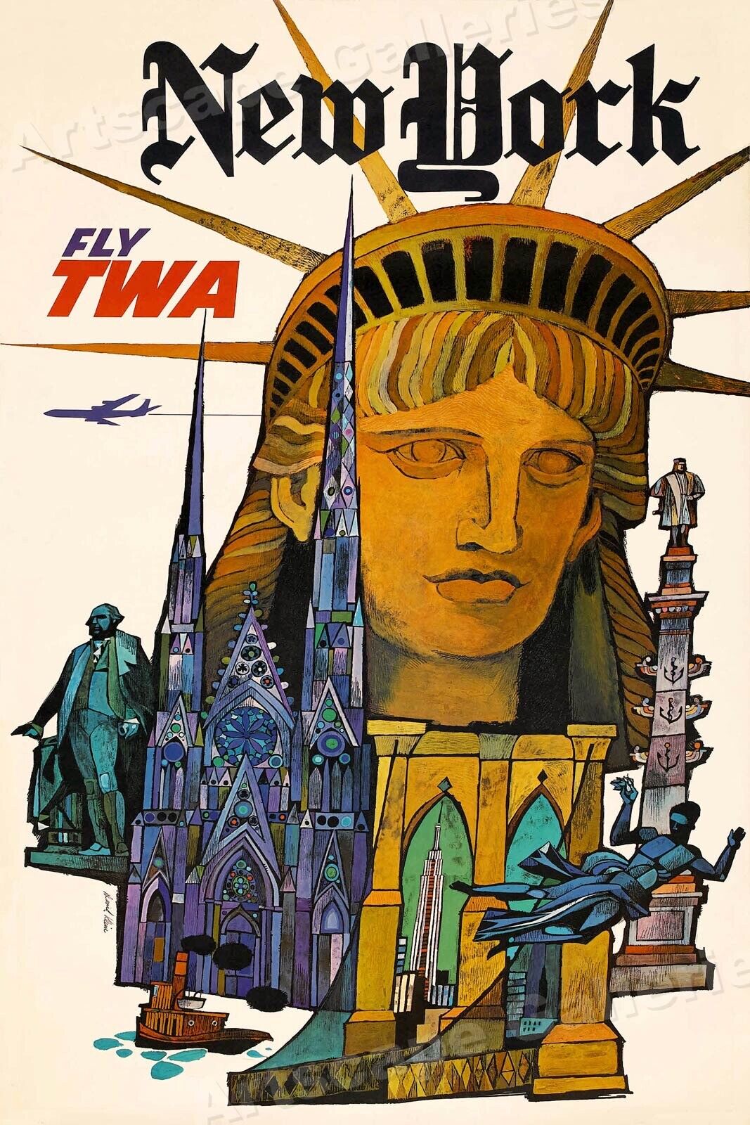 Visit New York TWA 1960s Vintage Airline Travel Poster - 16x24