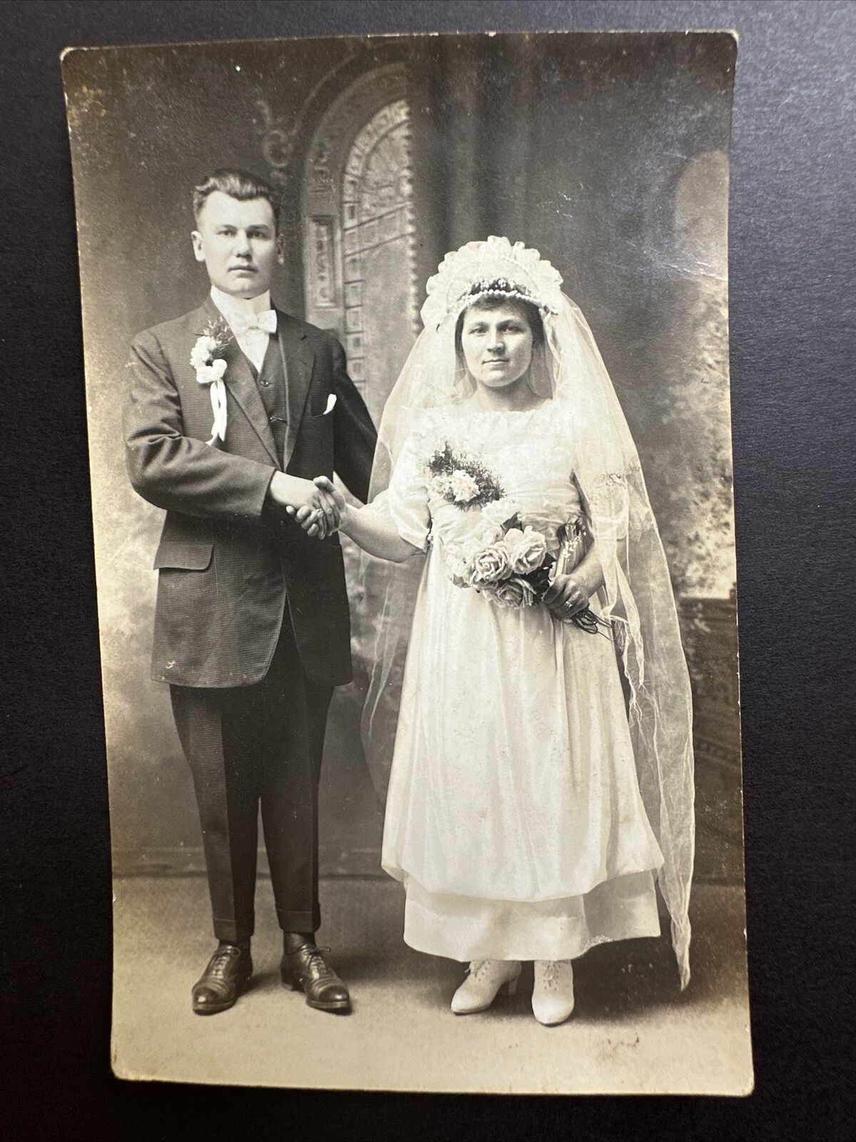 1911 wedding photo short couple real photo postcard RPPC vintage photograph