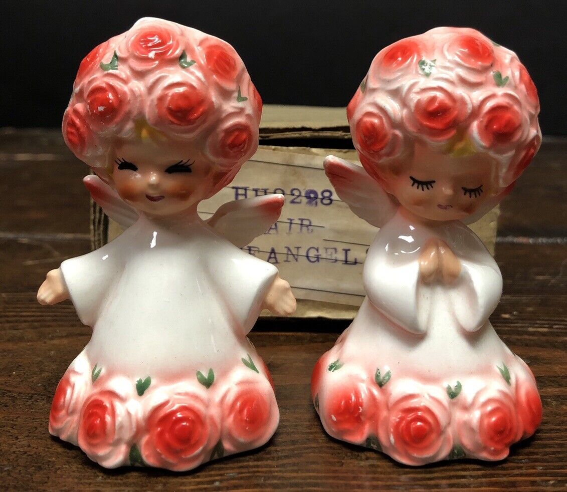Vintage Lefton Pink Roses Girls Porcelain Angel Salt/Pepper Shakers Japan 3.5\