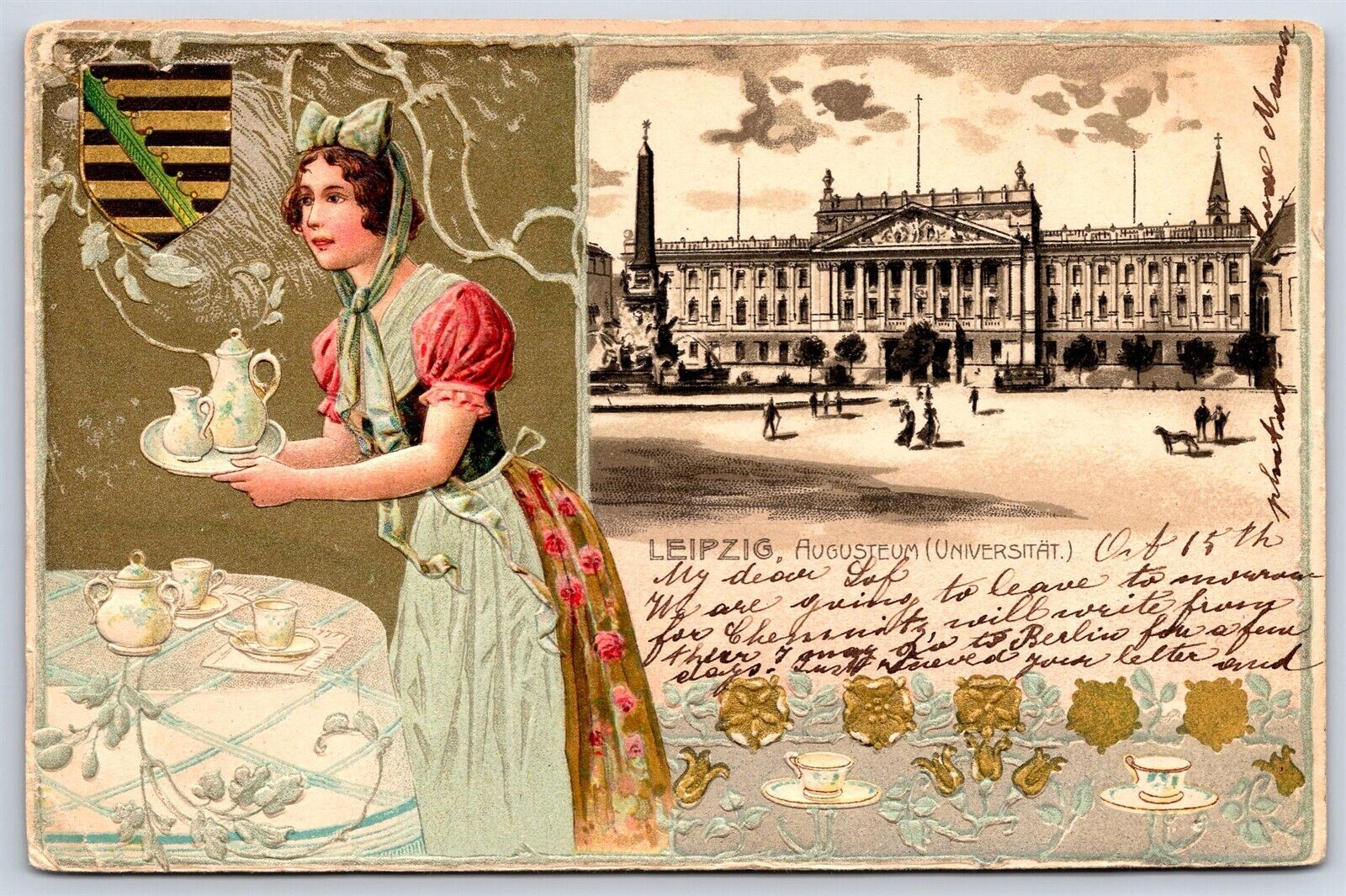 Postcard Germany Leipzig University Augusteum Woman Serving Tea Litho 1900 AP15