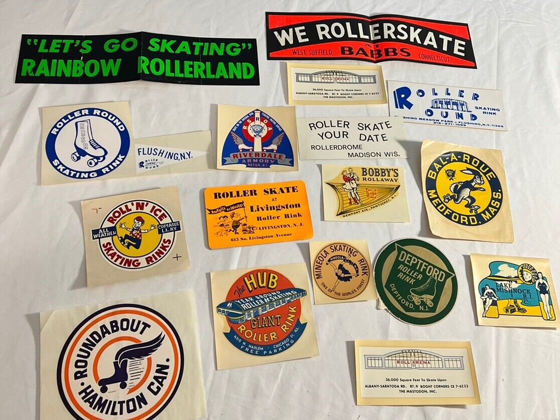Rare Roller Skating Rink Ephemera Signs Lot of 17 Bumper Stickers Decals Labels