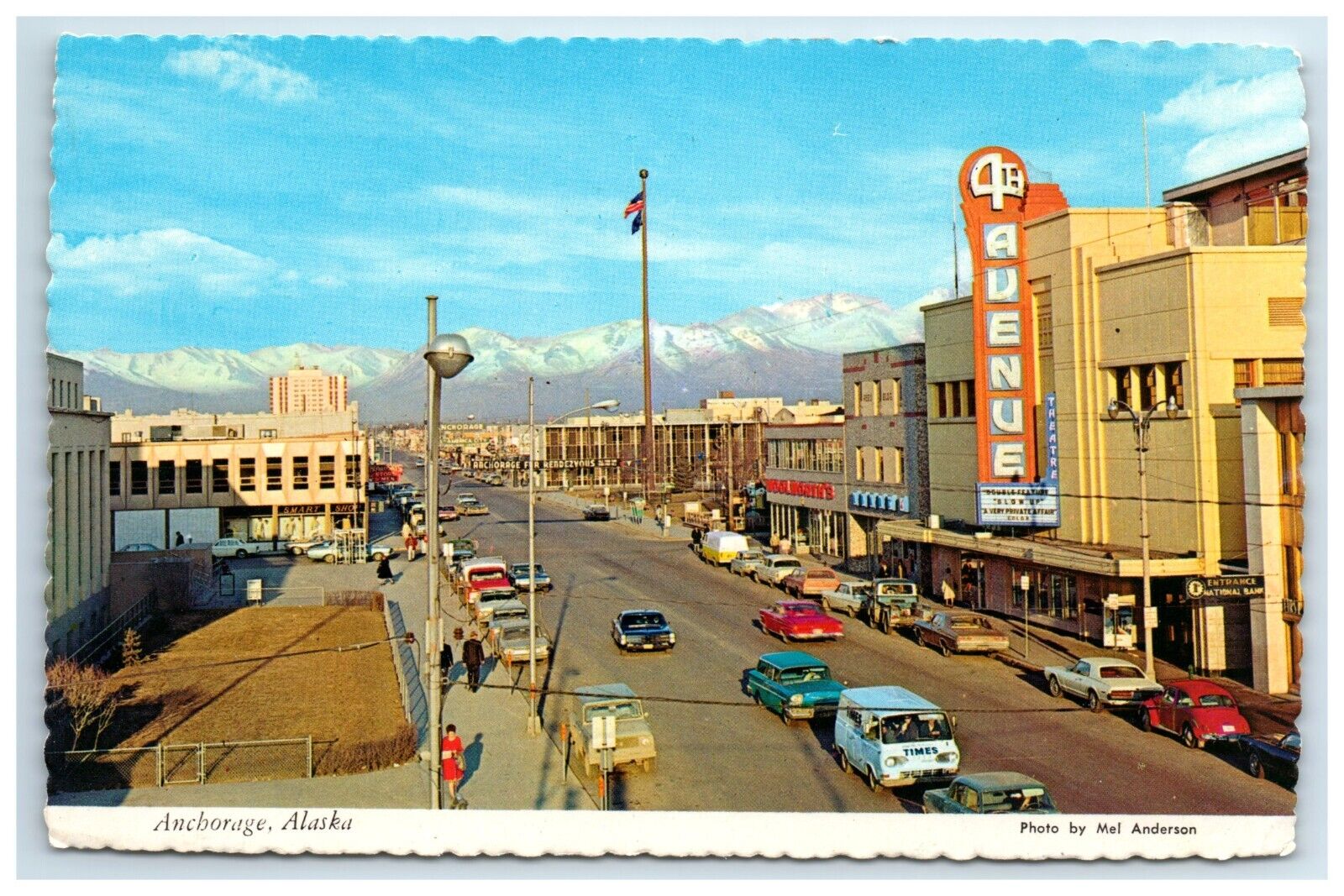 Postcard Anchorage Alaska c1960s Old Cars Signs Woolworths 4th Avenue Theatre