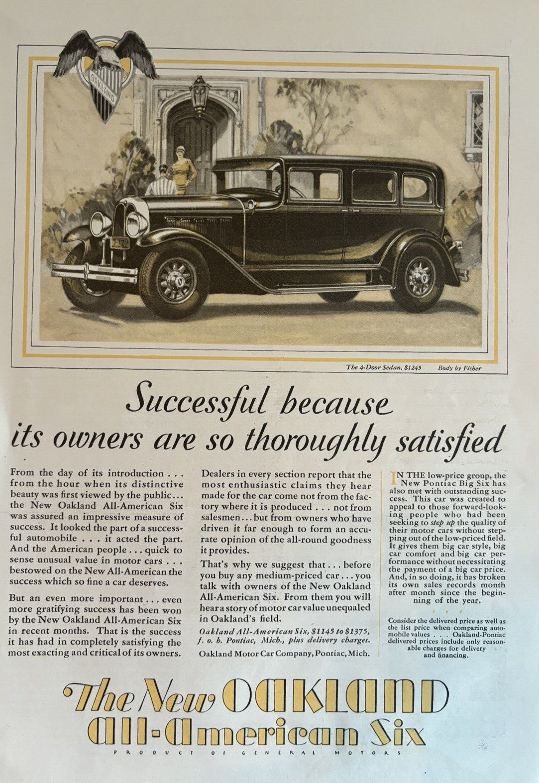 1929 Oakland All-American Six Auto 4 Door Sedan General Motors Vintage Print Ad